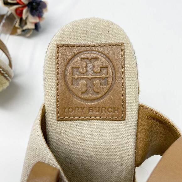 Tory Burch Tan Espadrille High Heel Wedge Sandals w Floral Detail Women's Sz 7.5 - Picture 10 of 11